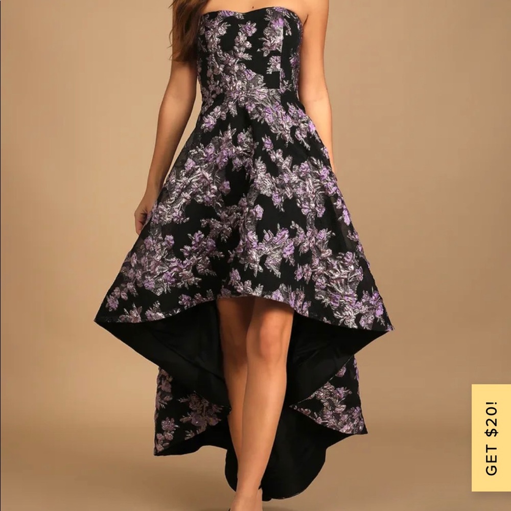 All Romance Black Floral Jacquard Strapless High-Low Dress